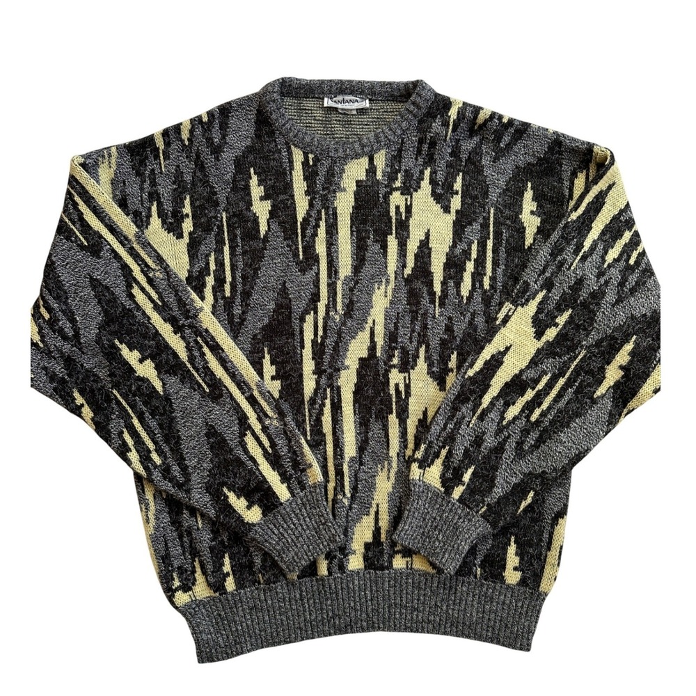 Santana Ltd Sweater Mens Large Gray Yellow Abstract Knit Made in Italy Excellent